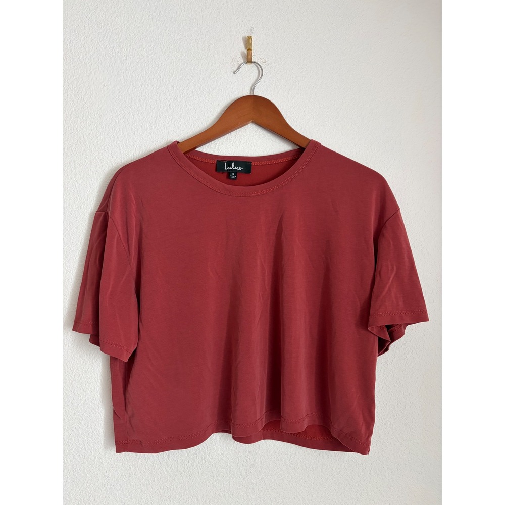 Lulus Womens Small Brick Red Short Sleeve Boxy Crop Top Crew Neck Made in USA